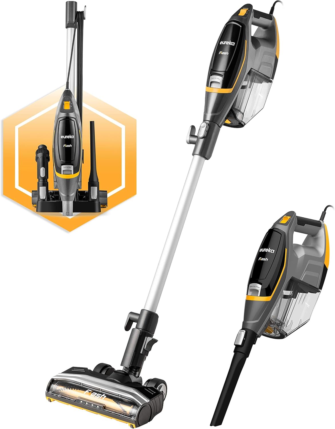 Eureka Flash Lightweight Stick Vacuum Cleaner, 15KPa Powerful Suction, 2 in 1 Corded Handheld Vac for Hard Floor and Carpet, Black