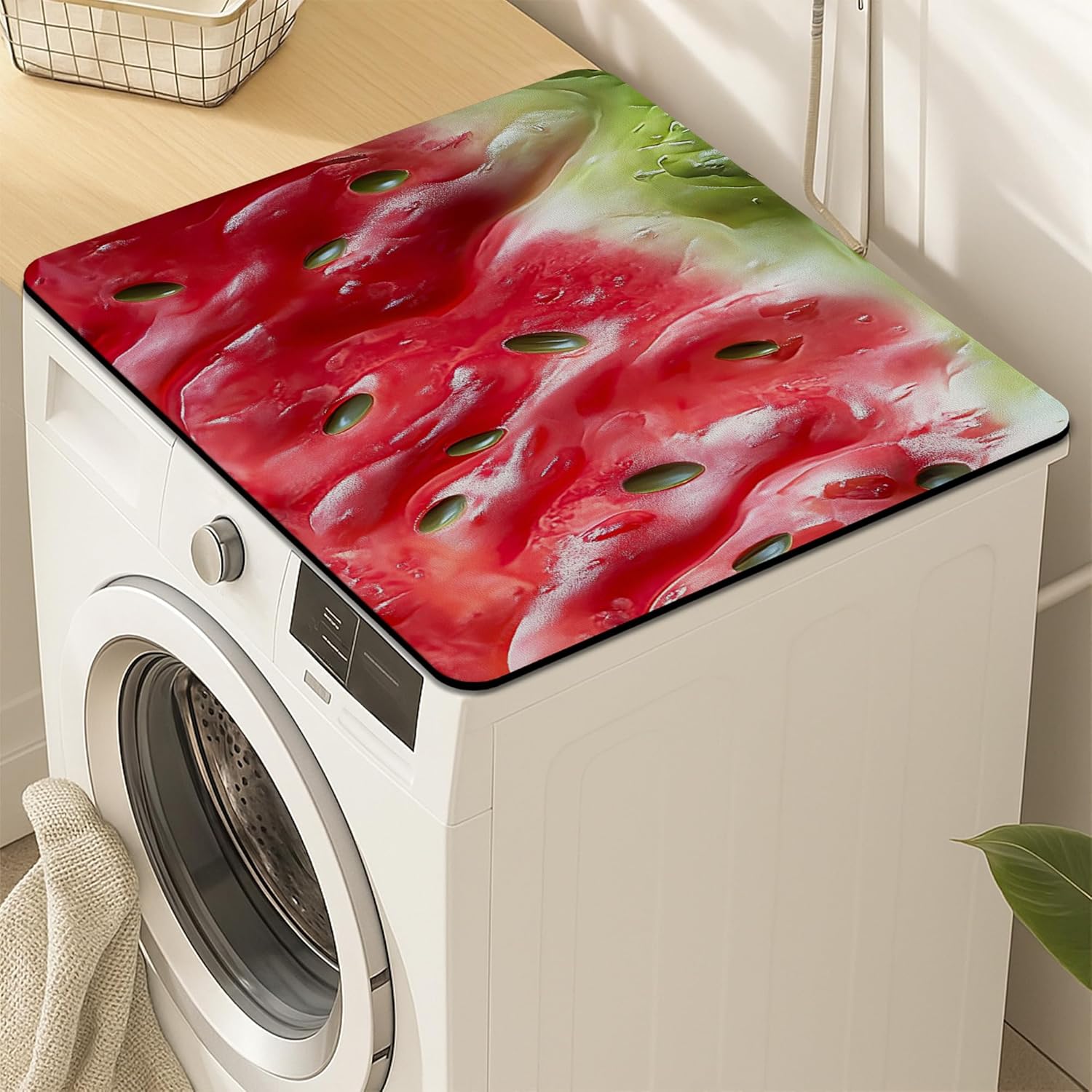 Watermelon Washer Dryer Top Protector Mat, Summer Refreshing Fruit Laundry Machine Dust Cover, Colorful Rubber Anti-slip Waterproof Washer And Dryer Mats for Laundry Room 24x24 Inch