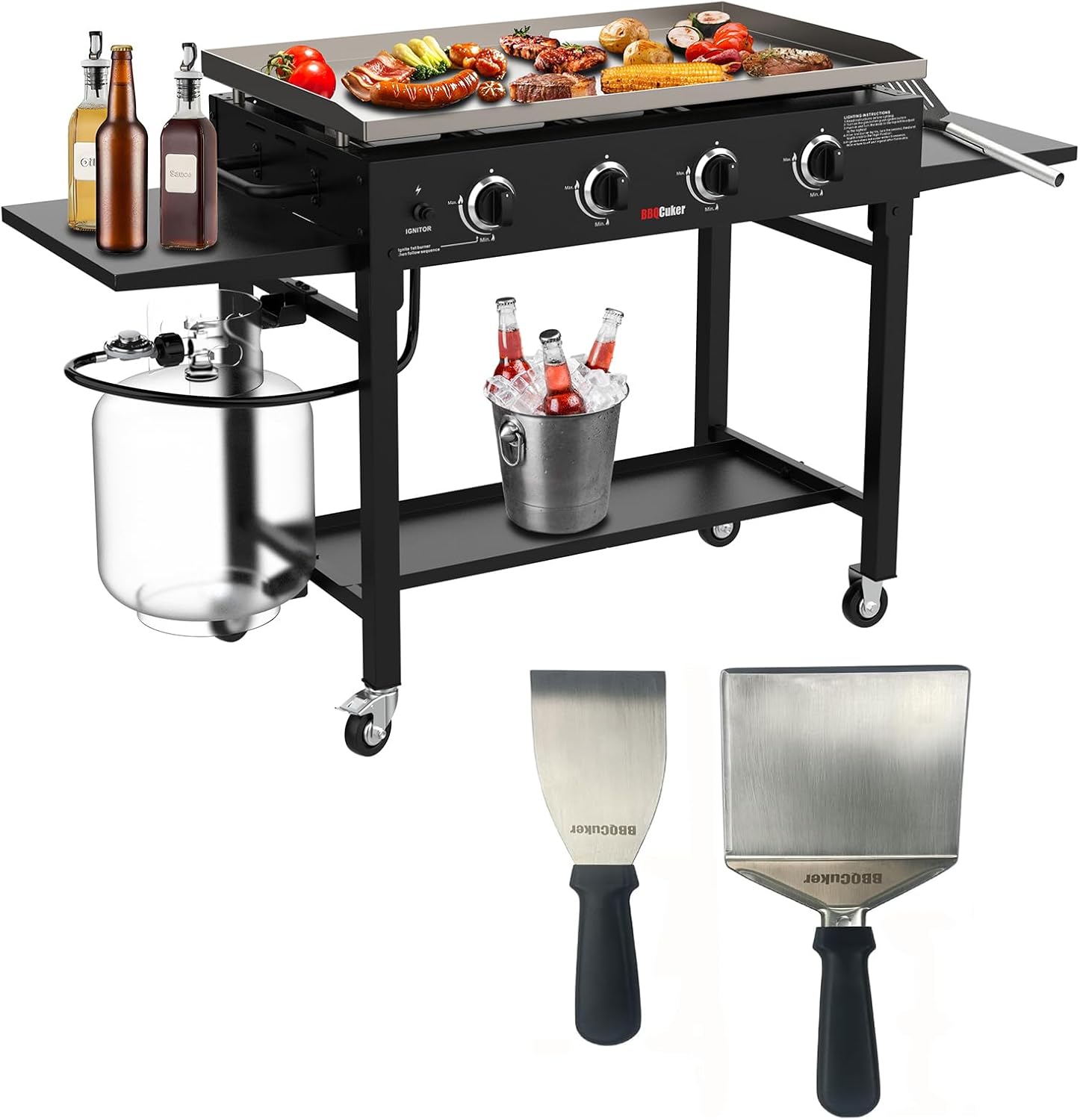 4-Burner Propane Gas Griddle with Stainless Steel Spatula Set, 60,000 BTU Flat Top Grill with Removable Side Tables, Bottom Tray and Foldable Legs, 766 sq. in. Cooking Area