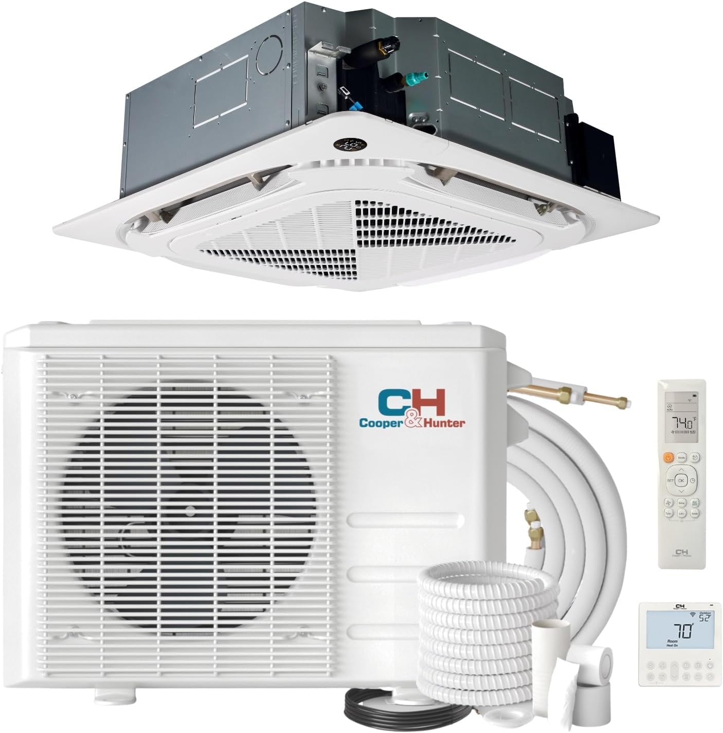 Cooper & Hunter 18,000 BTU Ceiling Cassette Ductless Mini Split AC/Heating System with Heat Pump Wall Thermostat and Installation Kit