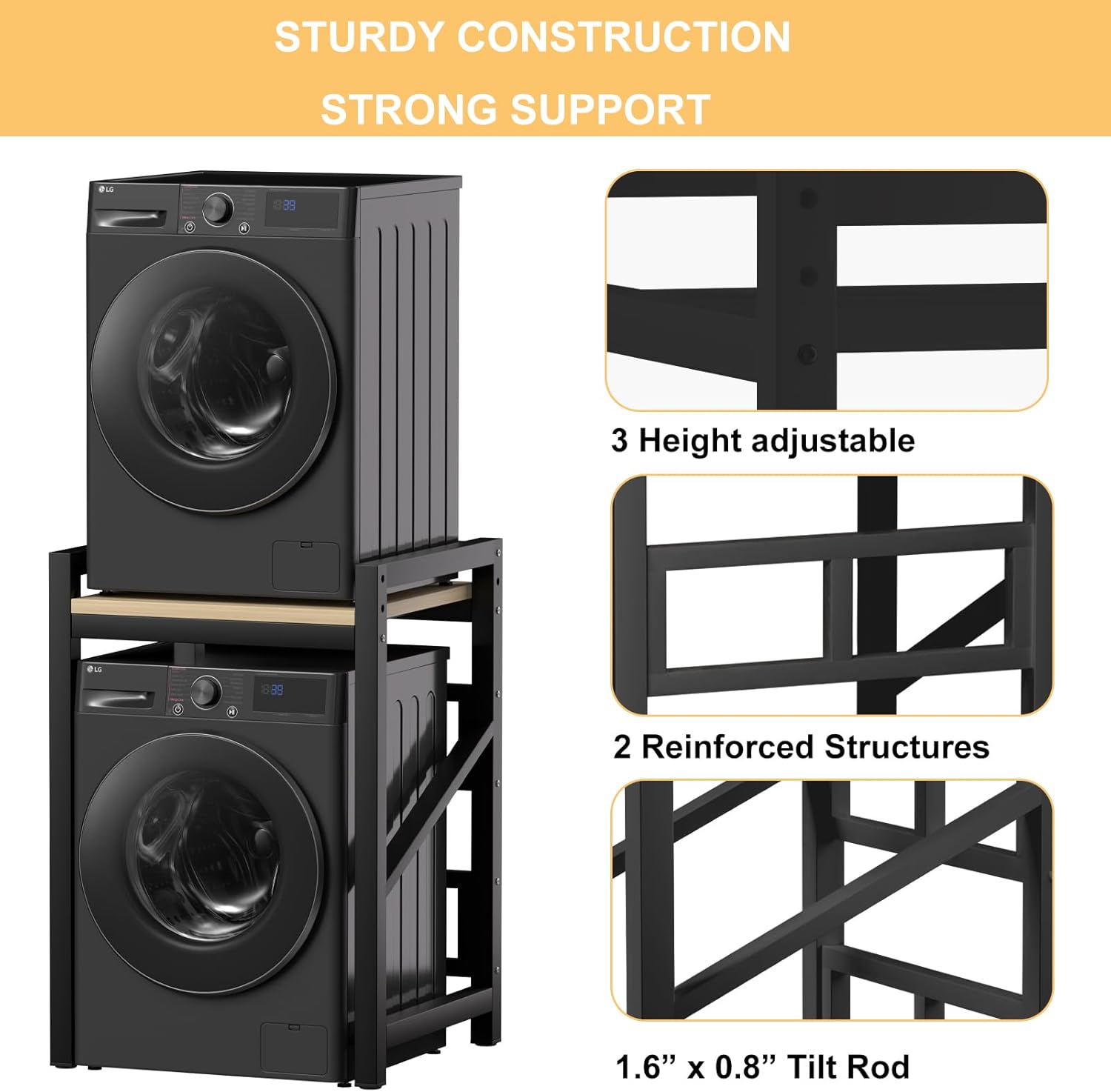 Washer Dryer Stacking Rack Kit 29.5in, Over the Washer and Dryer Storage Shelf for Laundry Room, Bathroom, Heavy Duty, Height Adjustable, 1.2mm Wall Thickness 660lbs Capacity (Black, 29.5in)