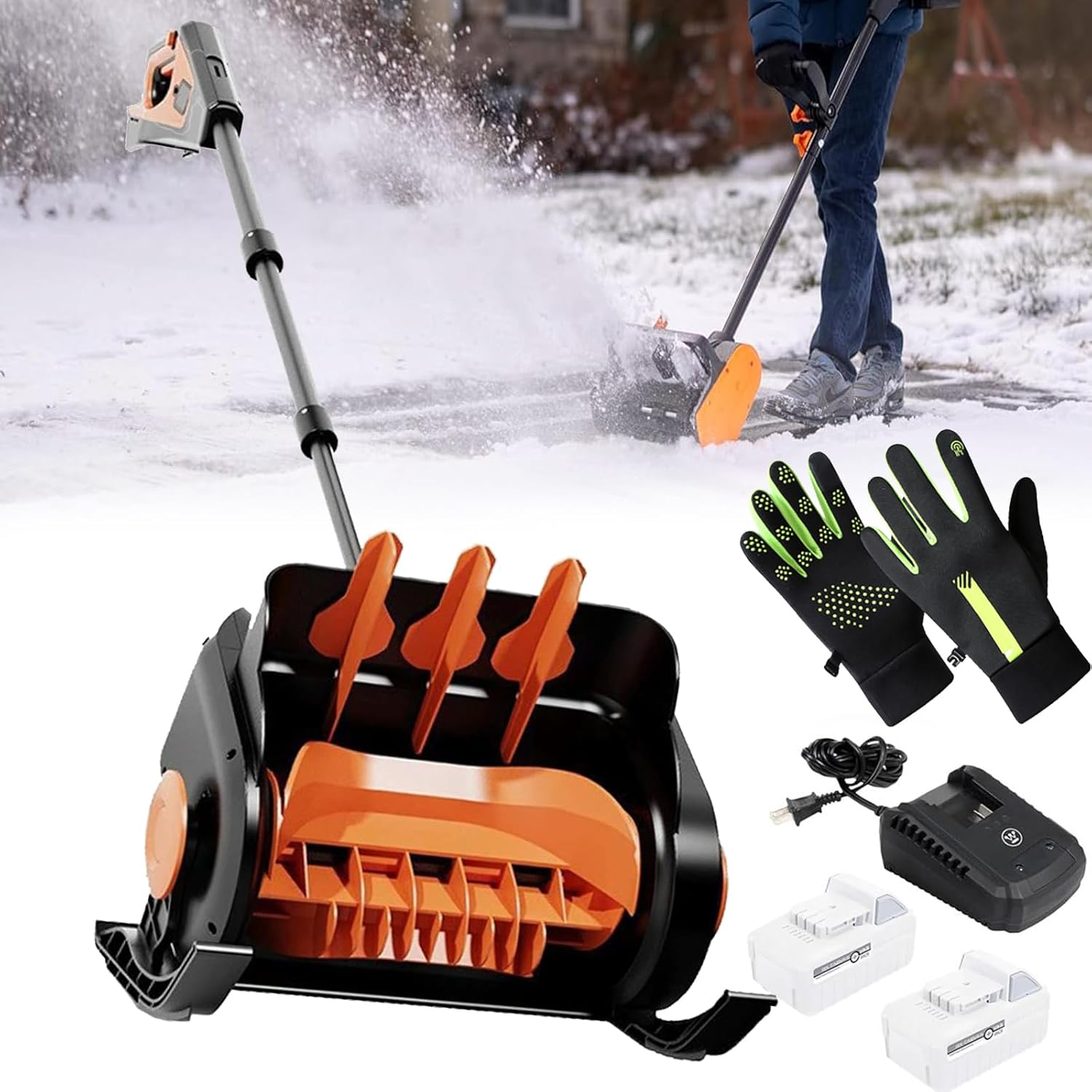 Cordless Snow Shovel with Gloves, 21V Cordless Snow Blower with Battery and Charger, Brushless Snow Shovel with Direction Plate and Adjustable Front Handle for Driveways, Sidewalks, Ice Hockey