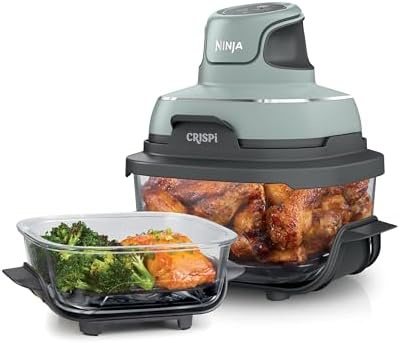 Ninja Crispi Air Fryer, Microwave, Freezer & Dishwasher Safe, Non Toxic Glass Portable Cooking System, 4 QT & 6 Cup Glass Containers with Storage Lids, Easy Meals, Air Fry, Bake, Green, FN101SG