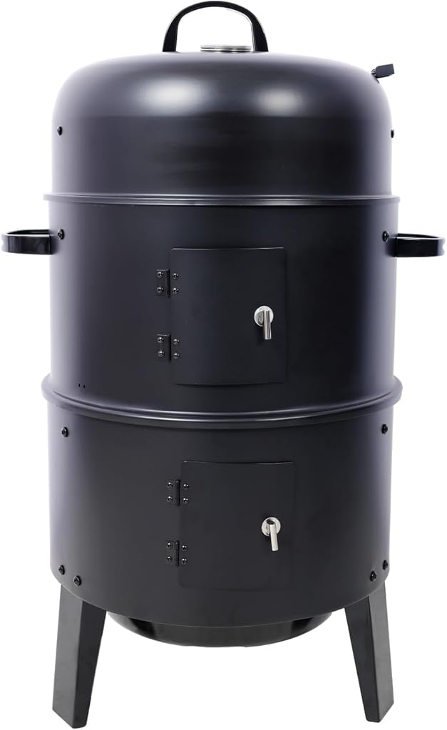 Smoker Grill Charcoal Smoker 3-in-1 Vertical Charcoal Outdoor BBQ Grill Black with Built-in Thermometer, Hanging Hooks,Air Vent,2 Access Doors for Backyard,Patio,Camping,Picnics and Parties