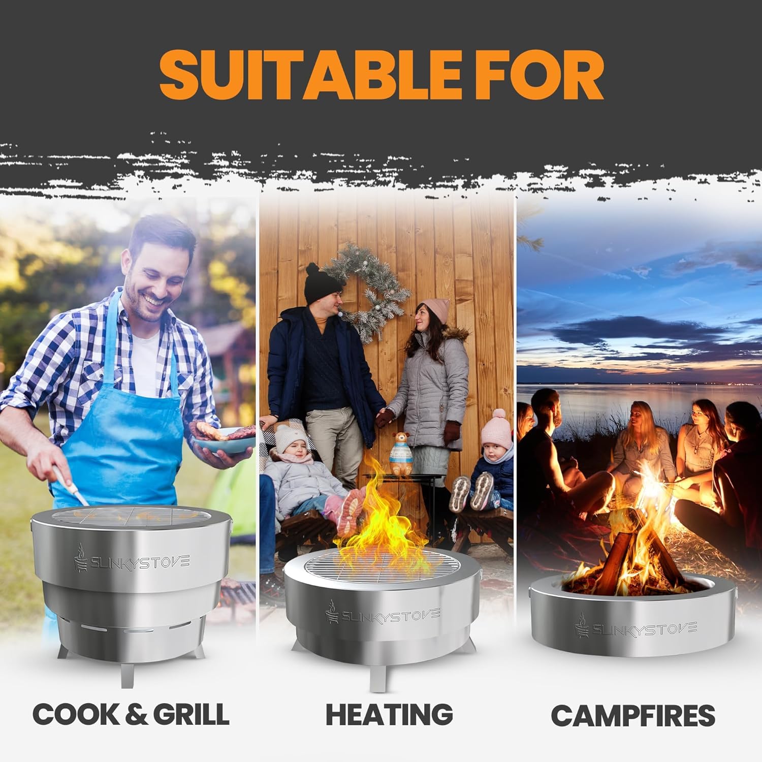 Slinky Stove Smokeless Fire Pit for Outdoor Wood-Burning - 17-Inch Patented Collapsible Firepit with Cooking Grill - Portable Stainless Steel Solo Pit for Camping, Backyard, Patio Bonfires
