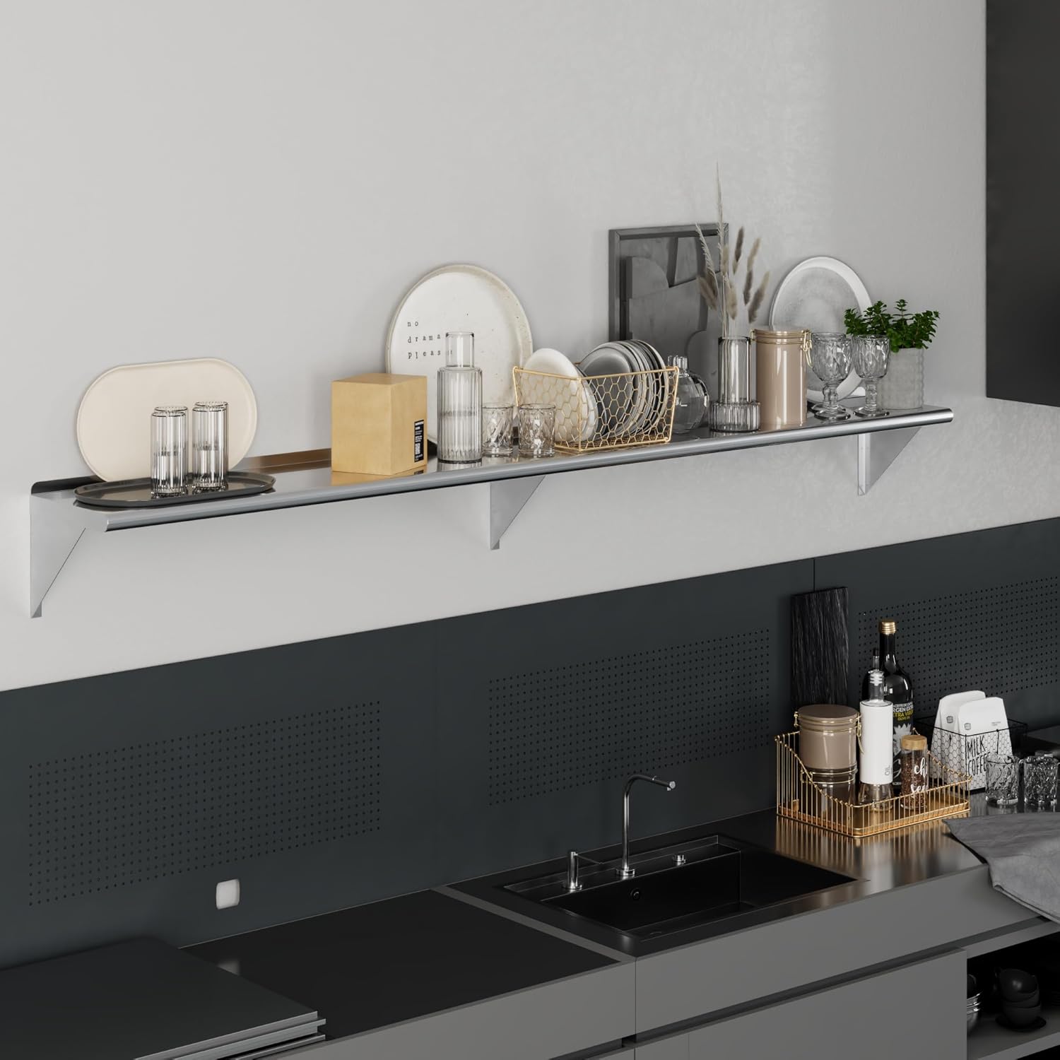 AmGood 12 in. x 96 in. Stainless Steel Wall Shelf | NSF Certified | Appliance & Equipment Metal Shelving | Kitchen, Restaurant, Garage, Laundry, Utility Room