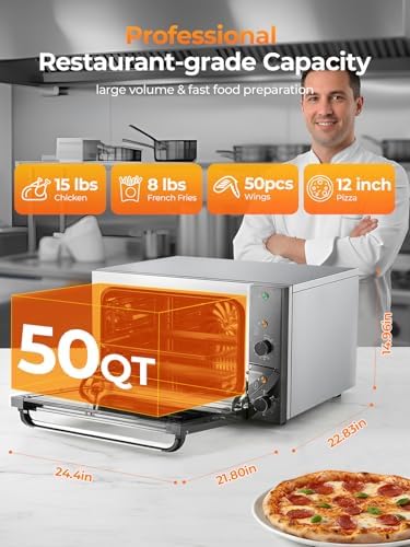 Commercial Convection Oven FOHERE, 50 Qt Large Capacity Electric Convection Oven with 2 Baking Trays for Restaurants, Cafes & Food Industry, 2400W High Power,120-Min Timer & 122-572℉ Temp Control