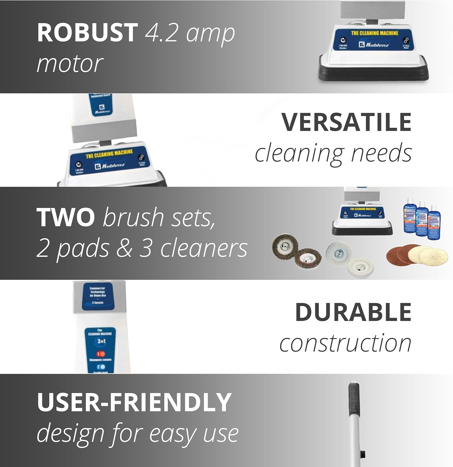 Koblenz Floor Shampooer and Polisher, Hard Floor Cleaner, Carpet Cleaning Machine with Scrubbing Brushes, Polishing Pads, and Carpet Shampoo, 3 Speeds, Blue/Gray (P-820 BA)