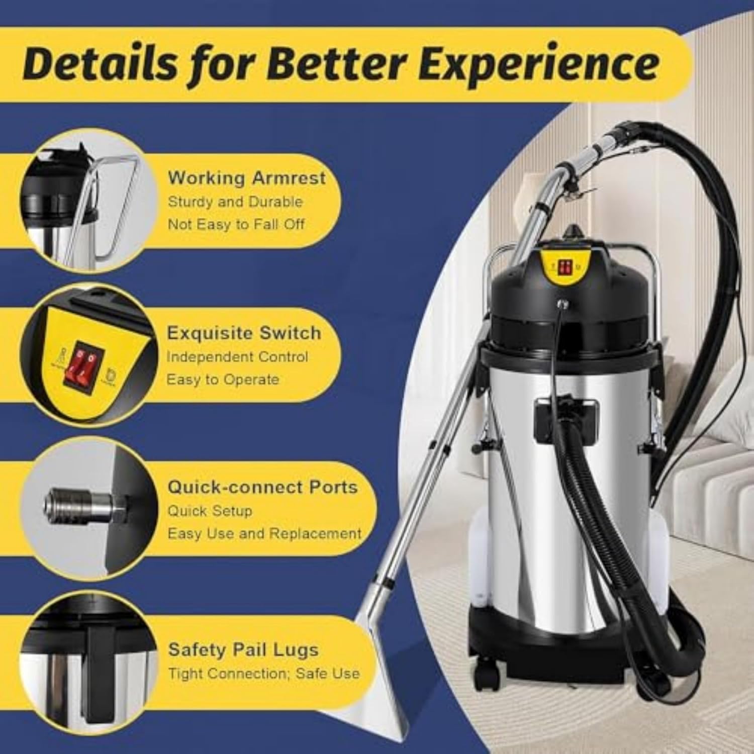 1034w Powerful Sofa Curtains Dust Cleaner, 2-In-1 Wet Dry Vacuum Cleaner, 40l/11gal Commercial Carpet Cleaning Machine,Vacuum Washing Machine With Long Flat/Dry/Water Vacuum Head And Round Brush