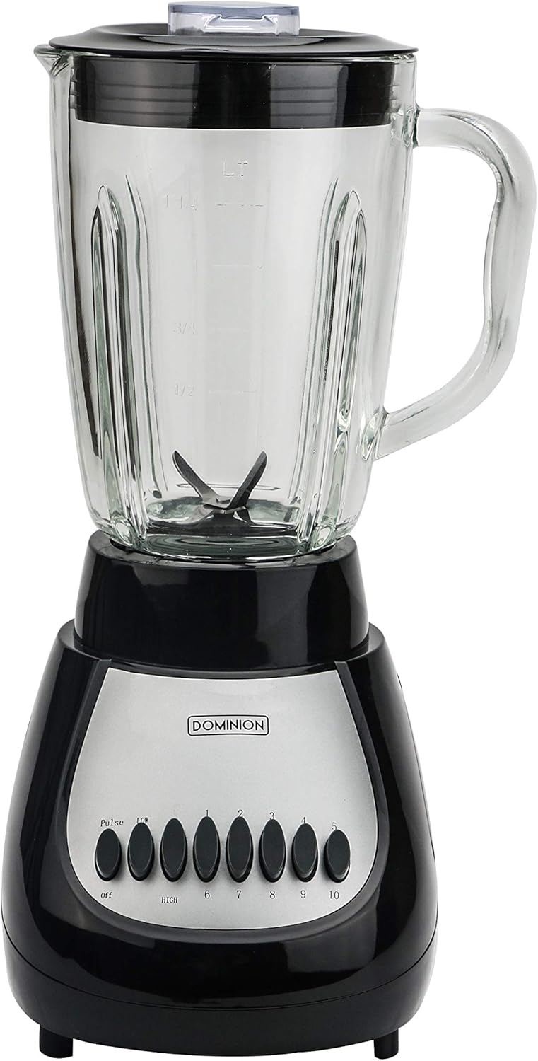 Dominion D4002BG Countertop Blender with 5-Cup Glass Jar (42oz), 10-Speed Settings with Pulse Function, Sharp Stainless Steel Blade, Black