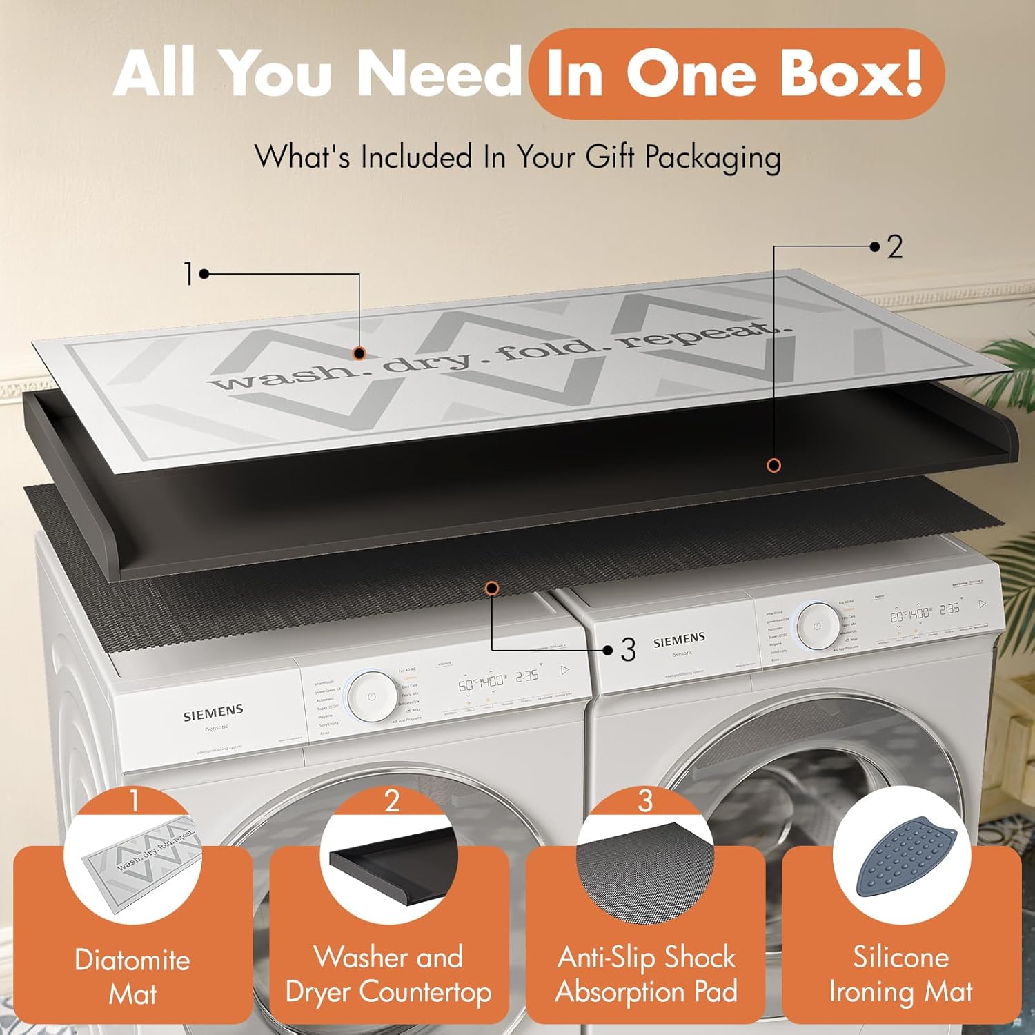 Premium Washer Dryer Countertop with Anti-Slip Pad, 54inch Laundry Room Organization Set, Stackable Storage Solution with Silicone Ironing Mat, Diatomite Mat(Black)