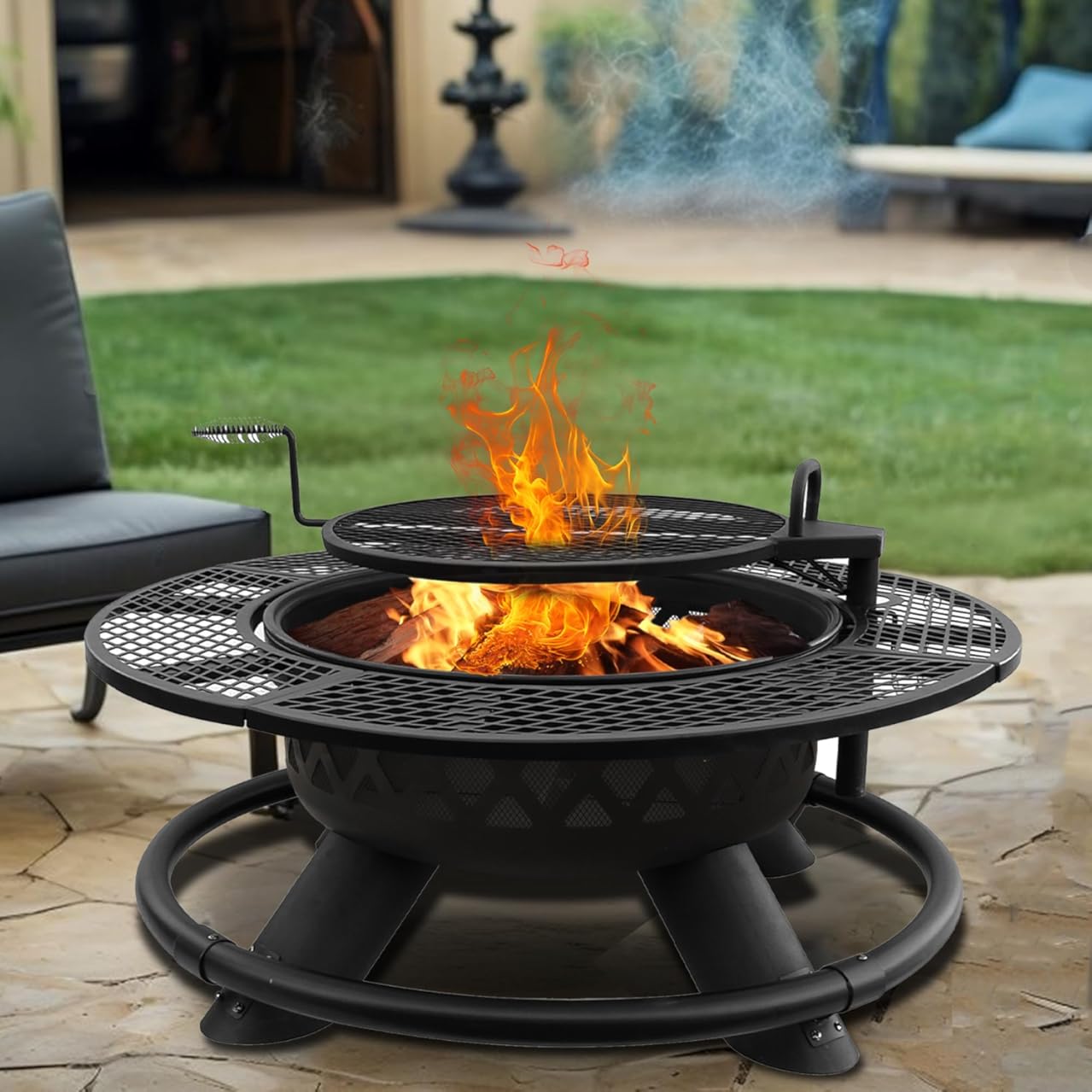 47 Inch Fire Pit for Outside, Wood Burning Firepit with BBQ Grill, Outdoor Metal Fire Pits, Heavy Duty Large Firepits for Backyard, Bonfire, Patio, Party, Picnic, Family Gathering