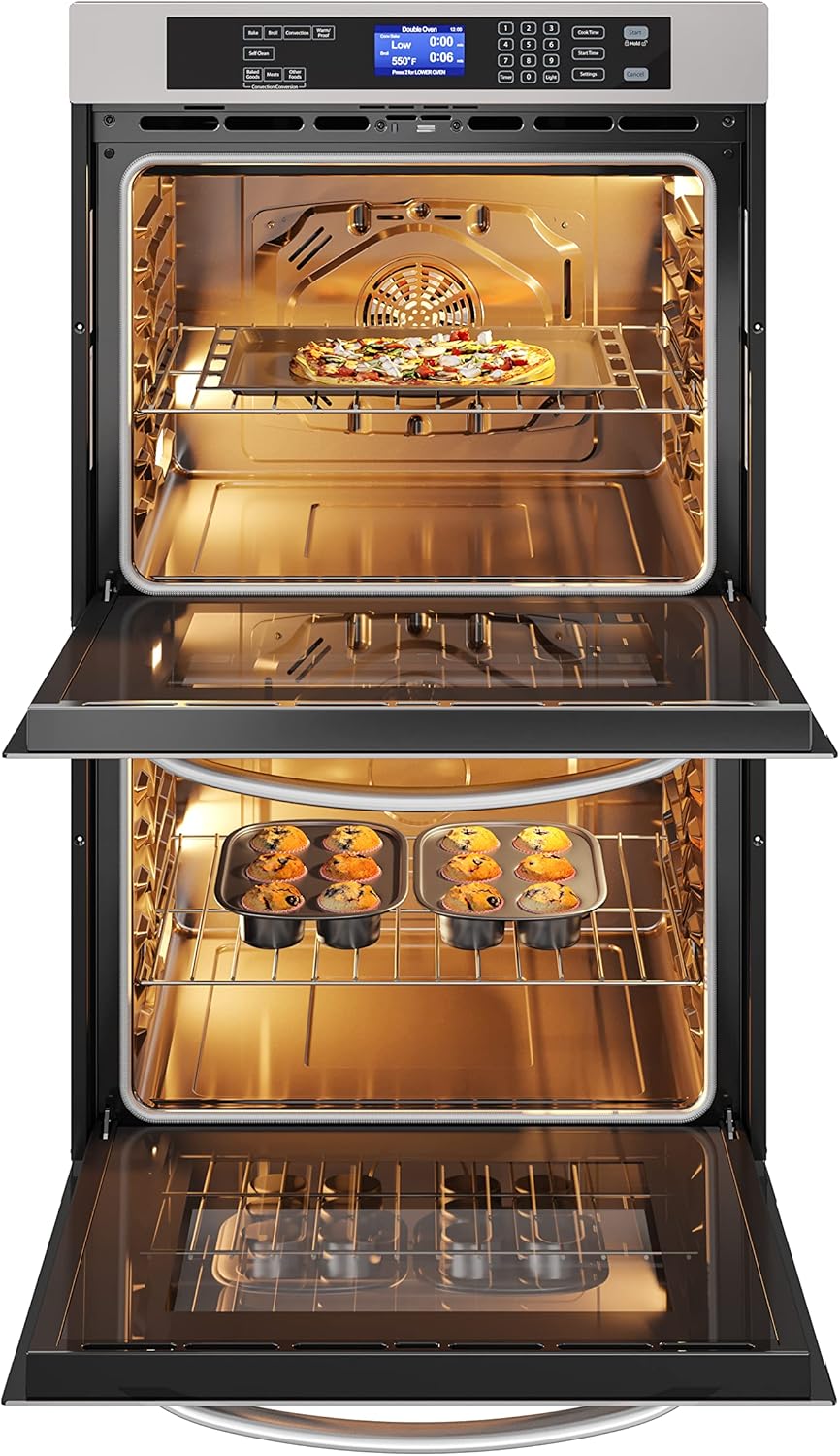 KoolMore 30-Inch Electric Double Wall Oven with Quiet, Rapid Convection Cooking, 7 Cook and Baking Modes, Dual Large Capacity Ovens, Stainless-Steel Unit, Self-Cleaning (KM-WO30D-SS)