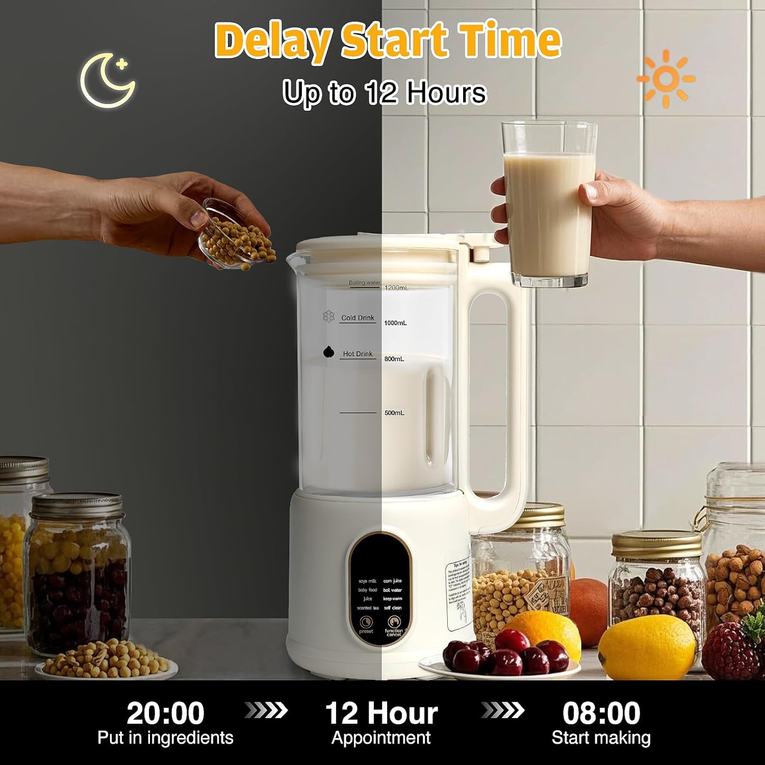9 in 1 Nut Milk Maker Machine，40oz(1200ml) Automatic Soy Milk Maker Blender for Homemade Oat,Coconut,Plant-Based Milk and Non-Dairy Beverages with Delay Start/Keep Warm/Boil Water