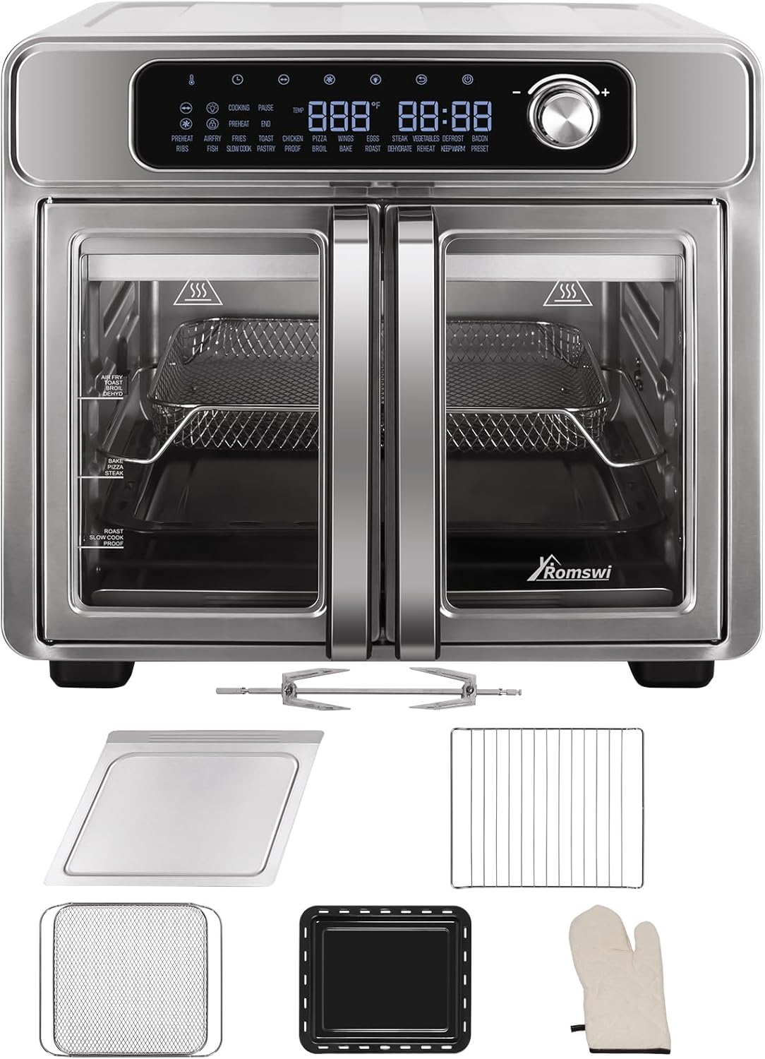 Extra Large French Door Air Fryer Toaster Oven Combo, 24 Cooking Functions and Digital Controls, 6 Accessories Included, Stainless Steel Finish, 26QT Capacity, Fits 12