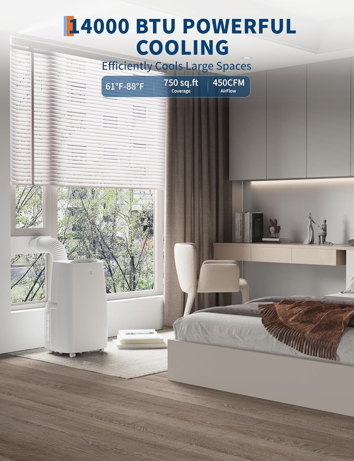 14000 BTU Portable Air Conditioner with Cooling, Dehumidifier and Fan Functions, Standing Cooling, Cools Up to 750 Sq. Ft., Remote Control, LED Display, and Window Venting Kit Included