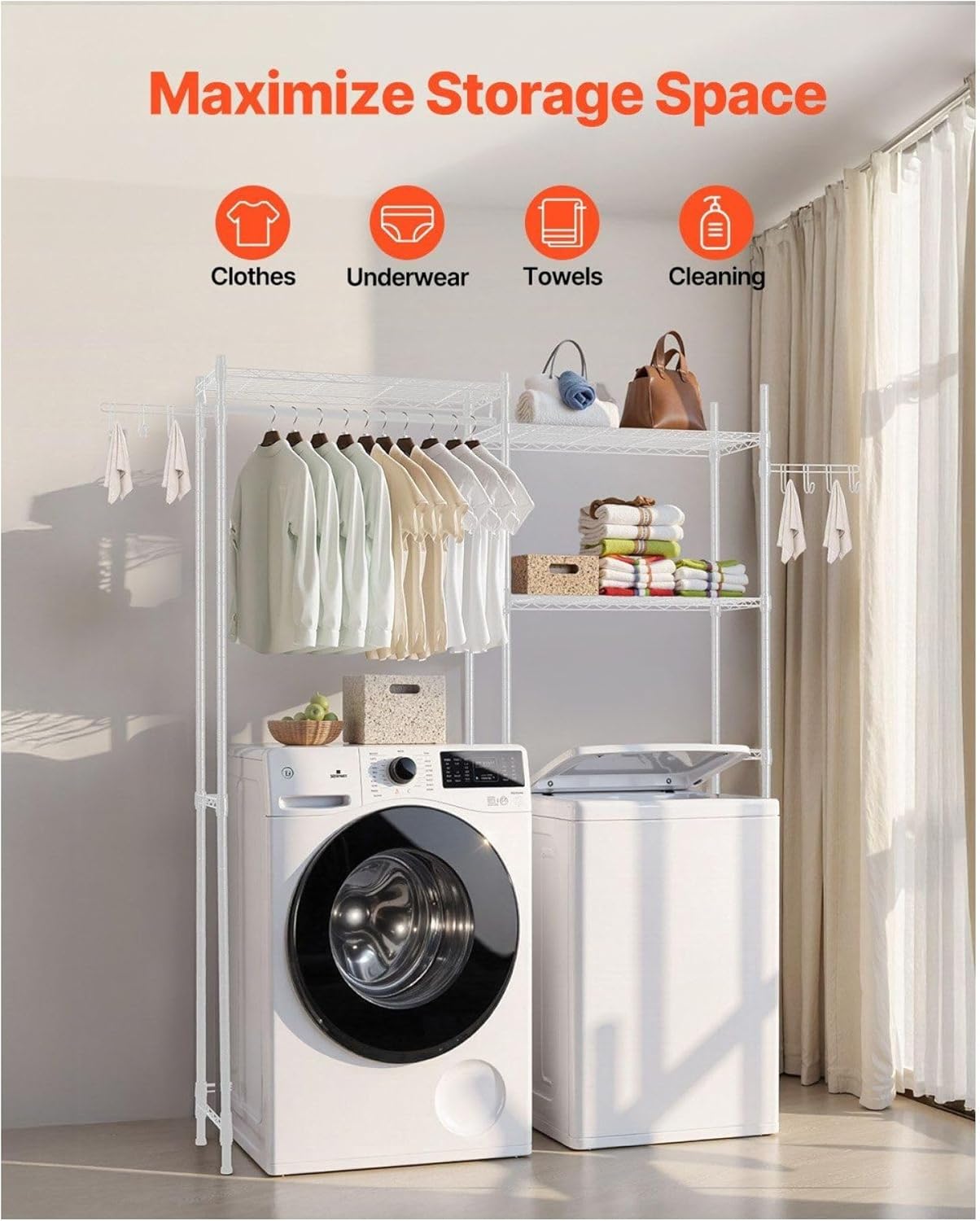 Over The Washer and Dryer Storage Shelf, 5 Tier Laundry Room Drying Rack with Hanger Rod and Hooks, Adjustable Over Washer and Dryer Shelves, Laundry Room Shelf Storage Space Saver, White