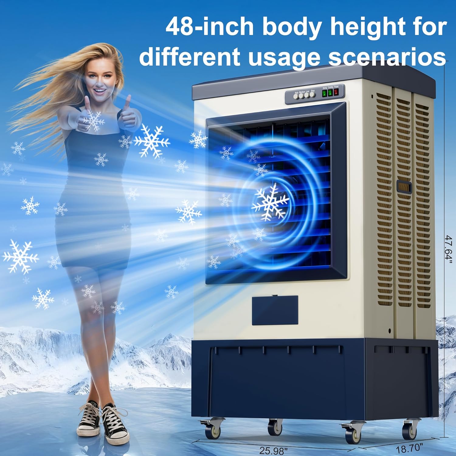 Swamp Cooler,6500 CFM Evaporative Air Cooler,19 Gal Water Tank Outdoor Air Conditioner,3 Speed,Suitable for Indoor & Outdoor Garage,Patio,courtyard,factory workshop,50inch,Blue