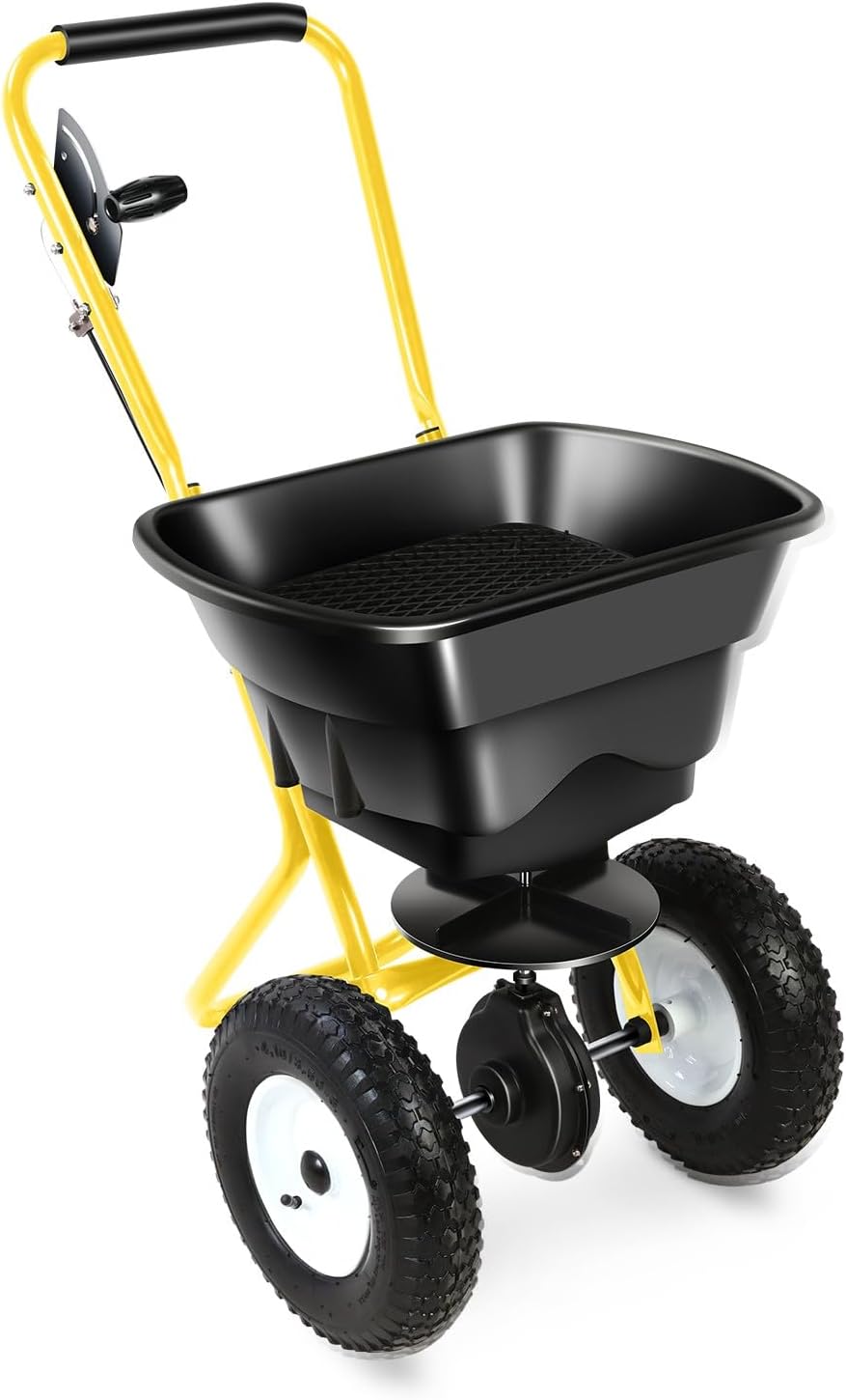 Auto Dynasty Walk-Behind Broadcast Spreader, 80LBS Capacity Fertilizer Spreader for Salt, Ice Melt, Grass Seed, Lawn and Garden Seeder, Yellow