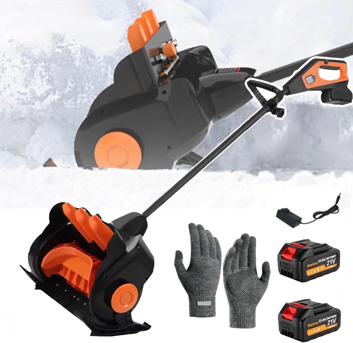 Cordless Snow Shovel,21v Electric Snow Blower+Gloves+Heated Snow Shovel-Directional Plate/Adjustable Front Handle/Adjustable Direction,41cm Width,15cm Depth,10m Throwing Distance,Orange
