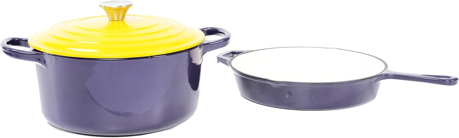 Geaux Cook 3 Piece Purple & Gold Enamel Coated Cast iron Cookware Set, 4 Qt Dutch Oven, 10