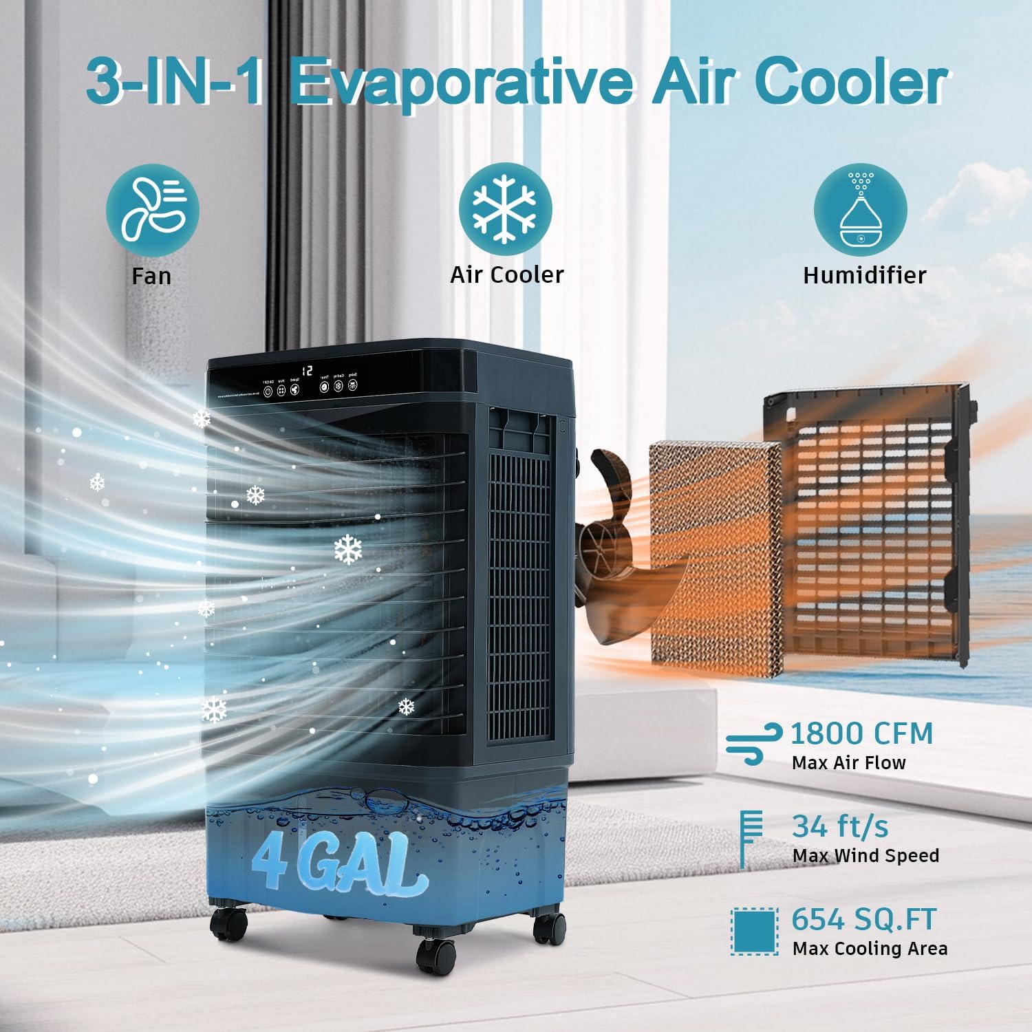 1800 CFM Swamp Cooler Portable Air Conditioners, 31” Evaporative Air Cooler with 4 Gallon Water Tank, 4 Ice Packs, 120°Oscillation Cooling Fan 2 Modes & 3 Speeds, 12H Timer for Home Outdoor Office