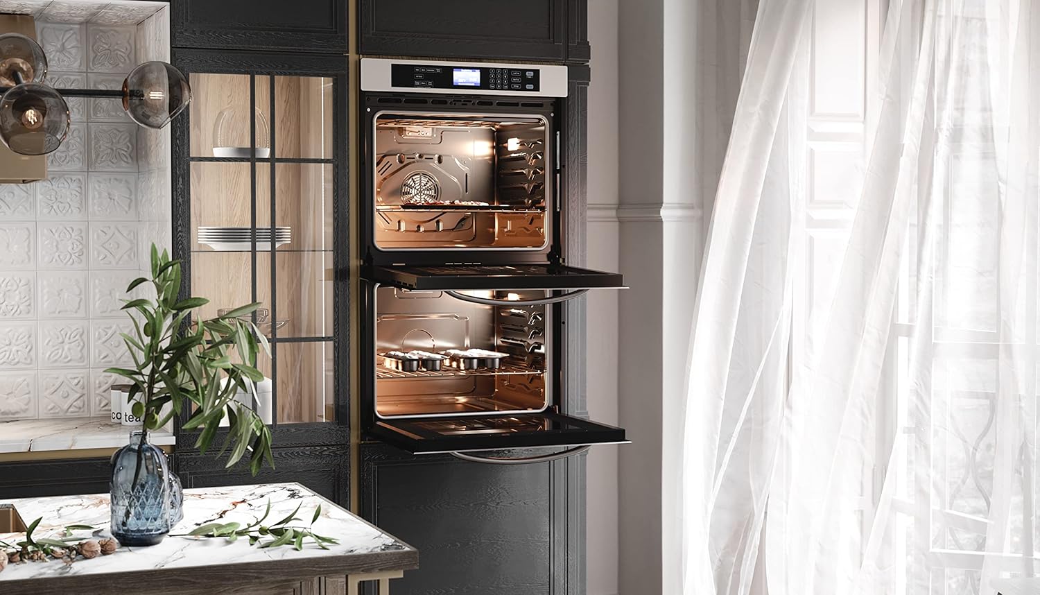 KoolMore 30-Inch Electric Double Wall Oven with Quiet, Rapid Convection Cooking, 7 Cook and Baking Modes, Dual Large Capacity Ovens, Stainless-Steel Unit, Self-Cleaning (KM-WO30D-SS)