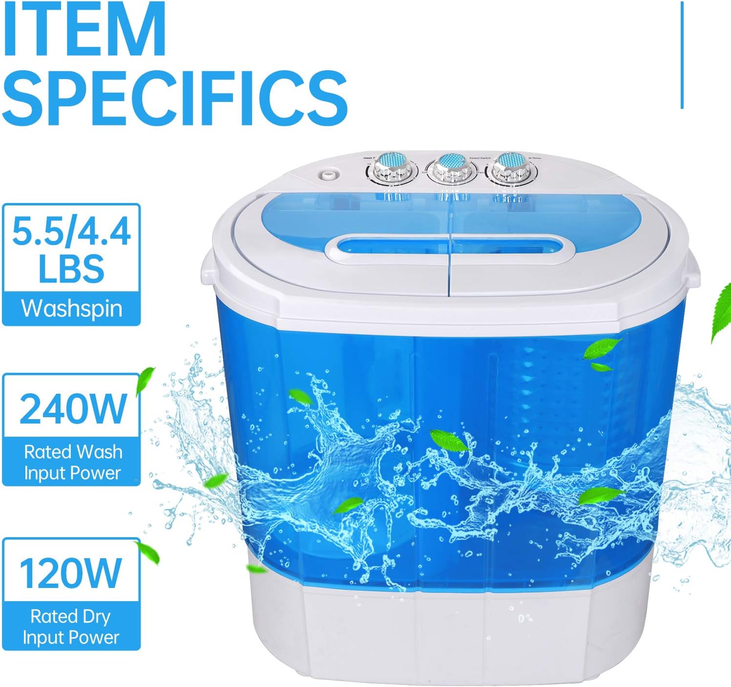 ZENY Portable Clothes Washing Machine Mini Twin Tub Small Laundry Washer Aparment Spin Dryer 9.9lbs Capacity Lightweight for Dormitory, RV blue