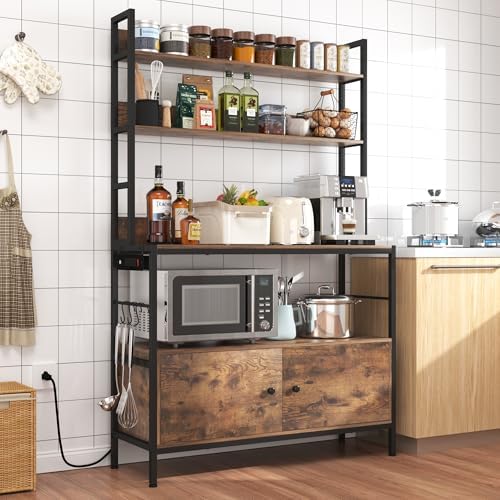 5-Tier Kitchen Baker’s Rack with Power Outlet,Large Bakers Rack with Storage Cabinet, Heavy Duty Oven Stand Microwave ,Free Standing Kitchen Utility Shelf with Storage,Shelf Organizer with Hooks