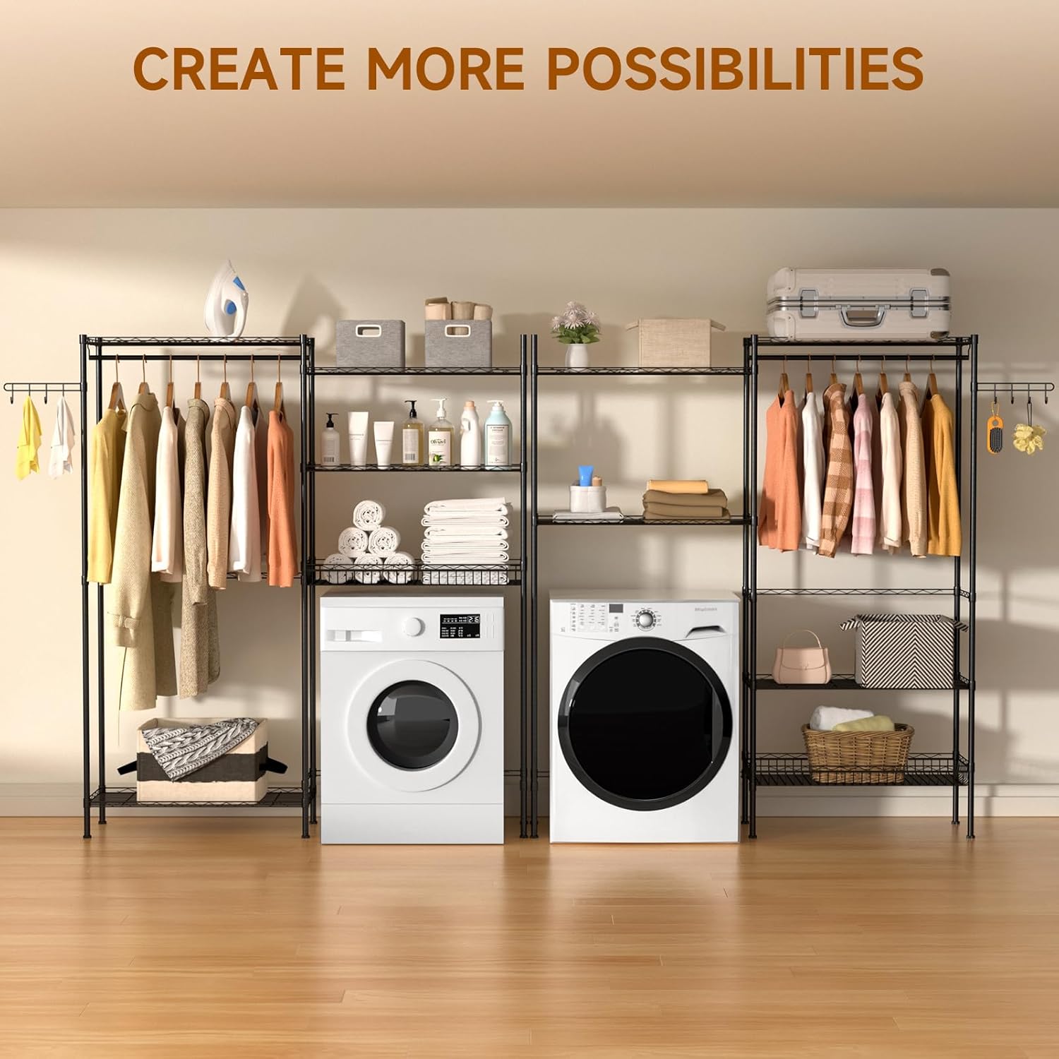 Over Washer and Dryer Storage Shelves, 4 Tiers Standing Clothes Drying Rack with Basket, Hanger Rod & Hooks for Laundry Room Storage Organization, Black