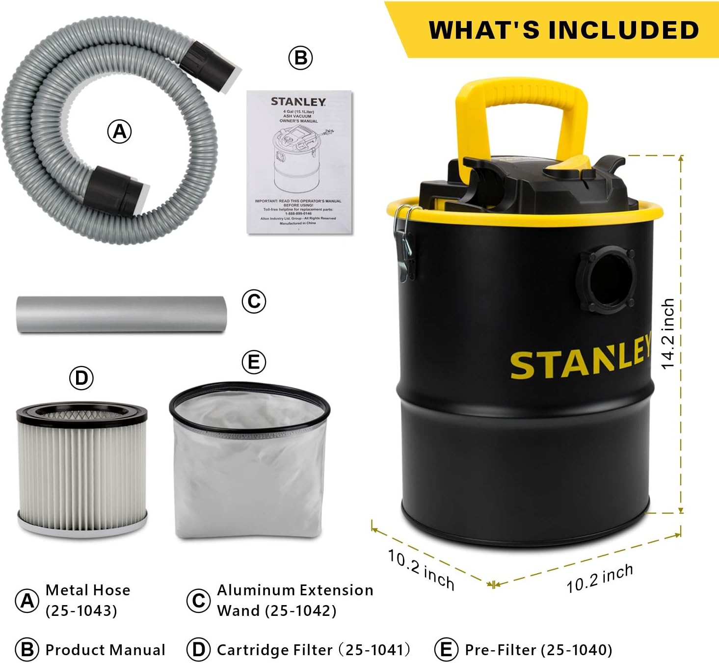 STANLEY Ash Vacuum Cleaner, Portable 4 Gallon Capacity Ash Vac Canister, Powerful 4 Peak HP Horsepower Motor, Ideal for Pellet Stoves, BBQ Grills, Wood Stoves, Fireplaces, Fire Pits, SL-18184