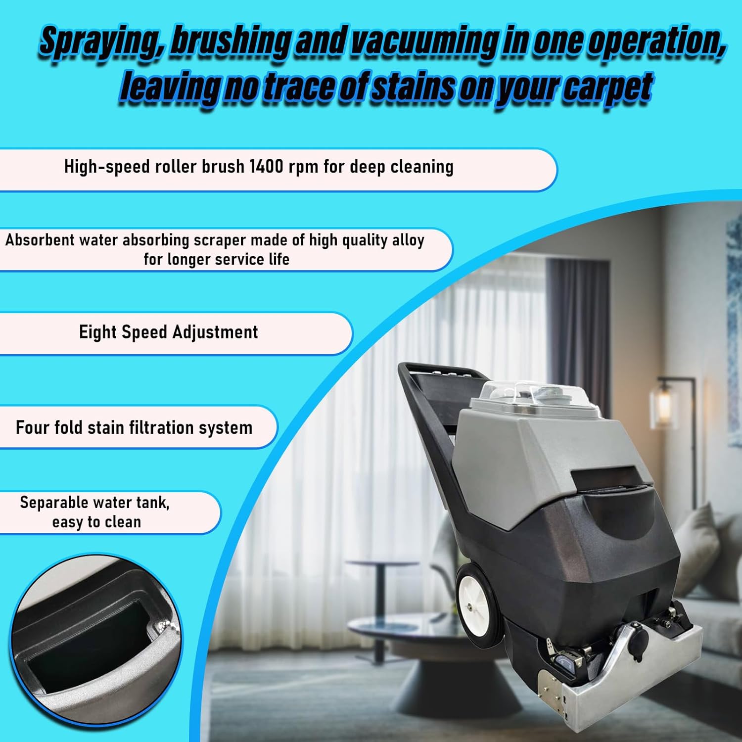 1400RPM Commercial Carpet Cleaning Machine 2320W Hand Push Hotel Carpet Vacuum Cleaner 3-in-1 Carpet Extractor Cleaning for Hotels, Cinemas, Meeting Rooms and other places 110V