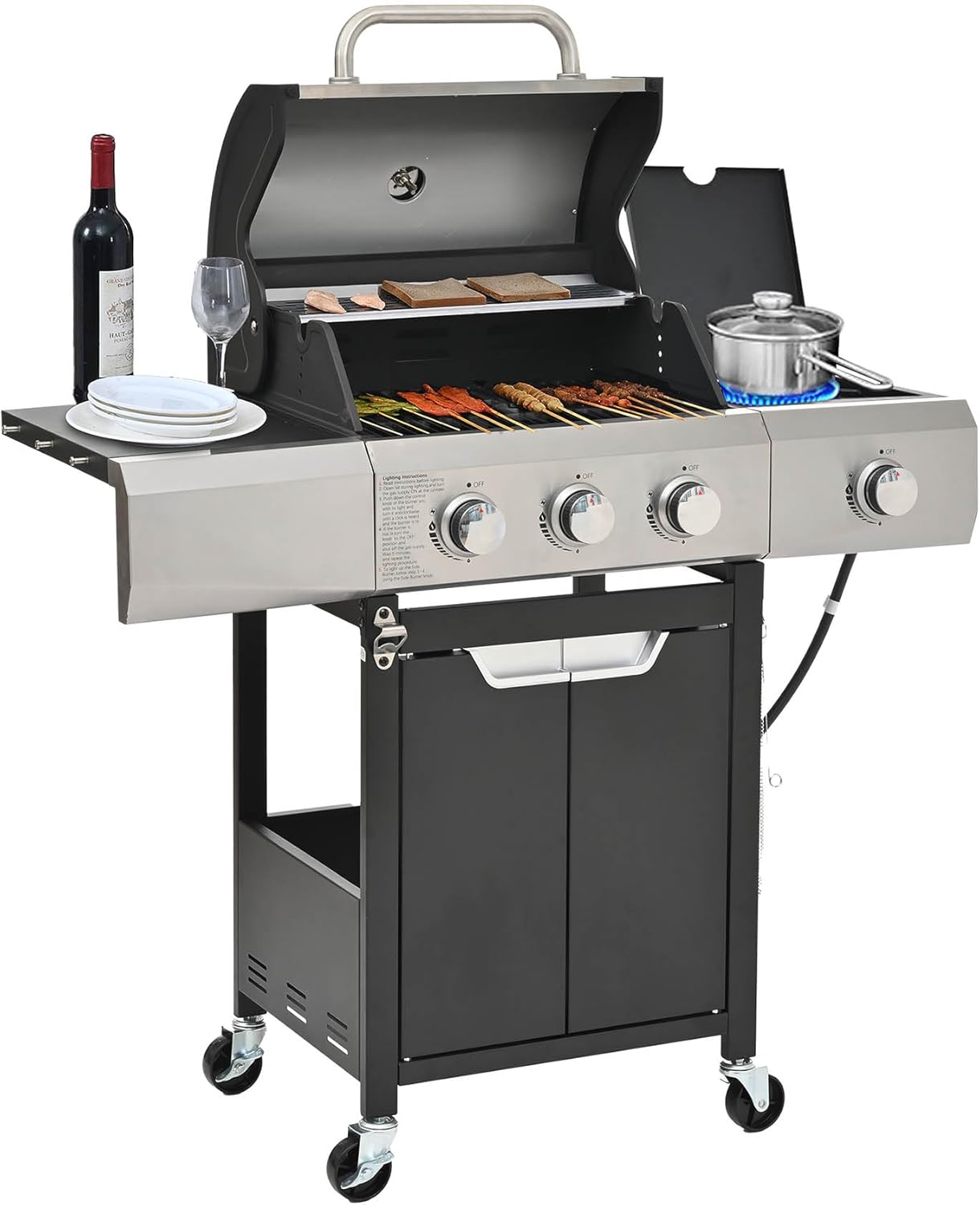 3-Burner Propane Gas Grill with Side Burner, 40,500 BTU Stainless Steel BBQ Grill for Outdoor Cooking, Barbecue Grill with Cabinet Storage & Warming Rack for Patio, Backyard, Camping, (Silver)