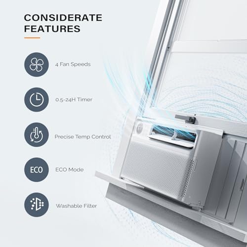 ROVSUN 12000 BTU Window Air Conditioner with Inverter Compressor, AC Unit for Window with Remote Control, Timer Function & Pre-Installed Side Panels for Easy Operation & Installation, 115V/60Hz