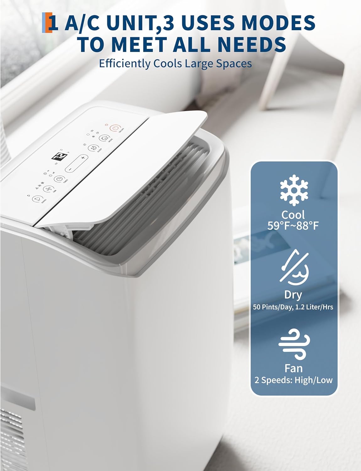 14000 BTU Portable Air Conditioners with Remote Control, 3 in-1 Free Standing Cooling AC Unit with Fan & Dehumidifier, Cools Room up to 750 sq.ft, Smart/Sleep Mode,3 Speed,Auto Swing,24H Timer