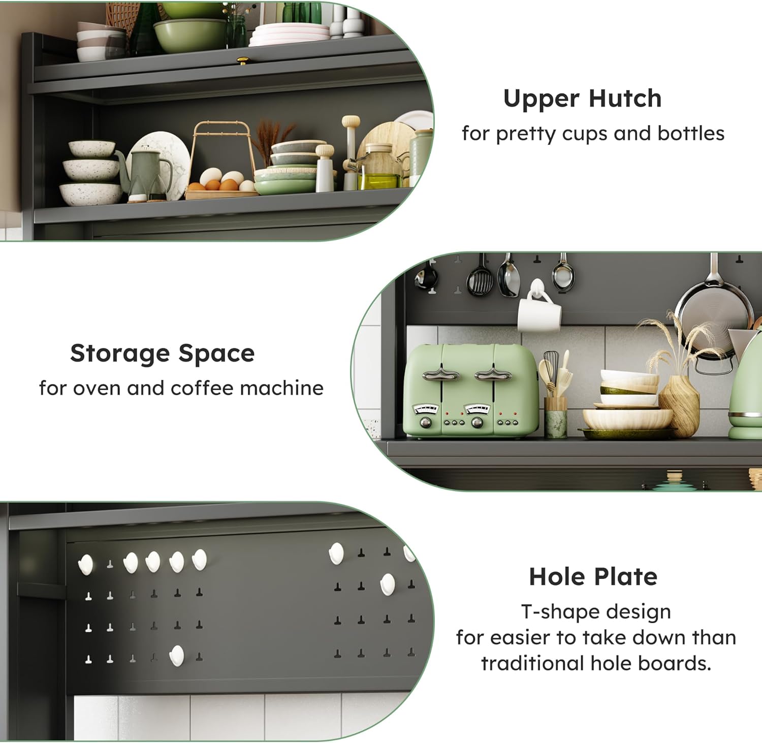 65'' Kitchen Pantry Storage Cabinet, Storage & Microwave Oven Countertop, Pantry Cabinets with 3 Doors and 4 Layers Hole Plate Versatile Storage for Kitchen, Living Room, Dining Room