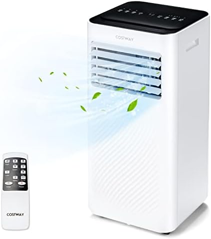 COSTWAY Portable Air Conditioner, 10000 BTU AC Unit with Cool, Fan, Dehumidifier & Sleep Mode for Rooms up to 350 Sq.Ft, with 24H Timer, Child Lock, Remote Control & Window Kit (White and Black)