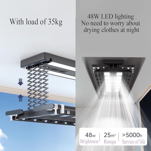 Ceiling Clothes Dryer Aluminium and Steel Electric Clothes Dryer with Remote Control,Foldable Indoor Clothes Drying Rack - Compact Retractable Design (135-220cm) for Large Sheets, 35kg Load