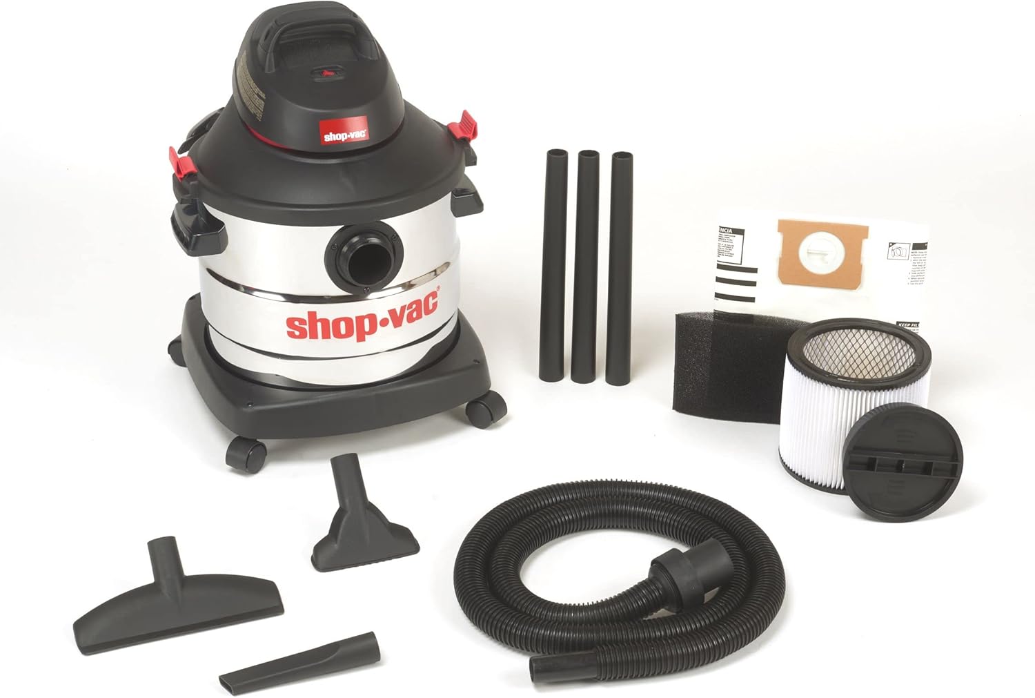 Shop-Vac 5989405 8 Gallon Wet/Dry Vacuum, 6.0 Peak HP, Stainless Steel, 12 Ft Hose, Ideal for Home & Commercial Use