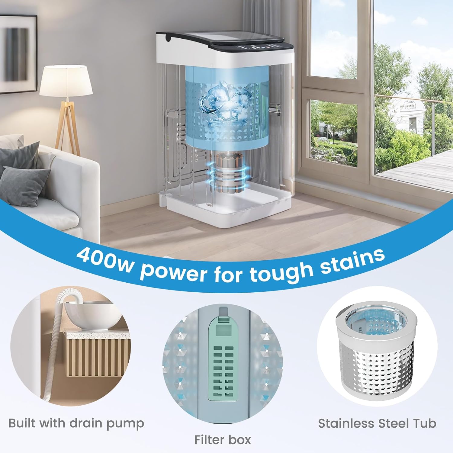 VCJ Portable Washing Machine, 28 Lbs Full-Automatic Portable Washer with 10 Wash Cycles, 24 H Delays, LED Display, Electric Laundry Machine for Apartment, RVs, Dorms