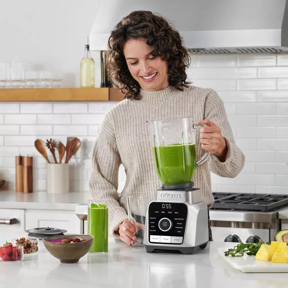 Gourmias Digital Kitchen Blender & Food Processor with 8 Blend Programs, 4 Speeds & Pulse, 1500W Motor, Built-In Timer & Safety Lock, Round Tamper, Dishwasher-Safe Jar, Compact Home Appliance