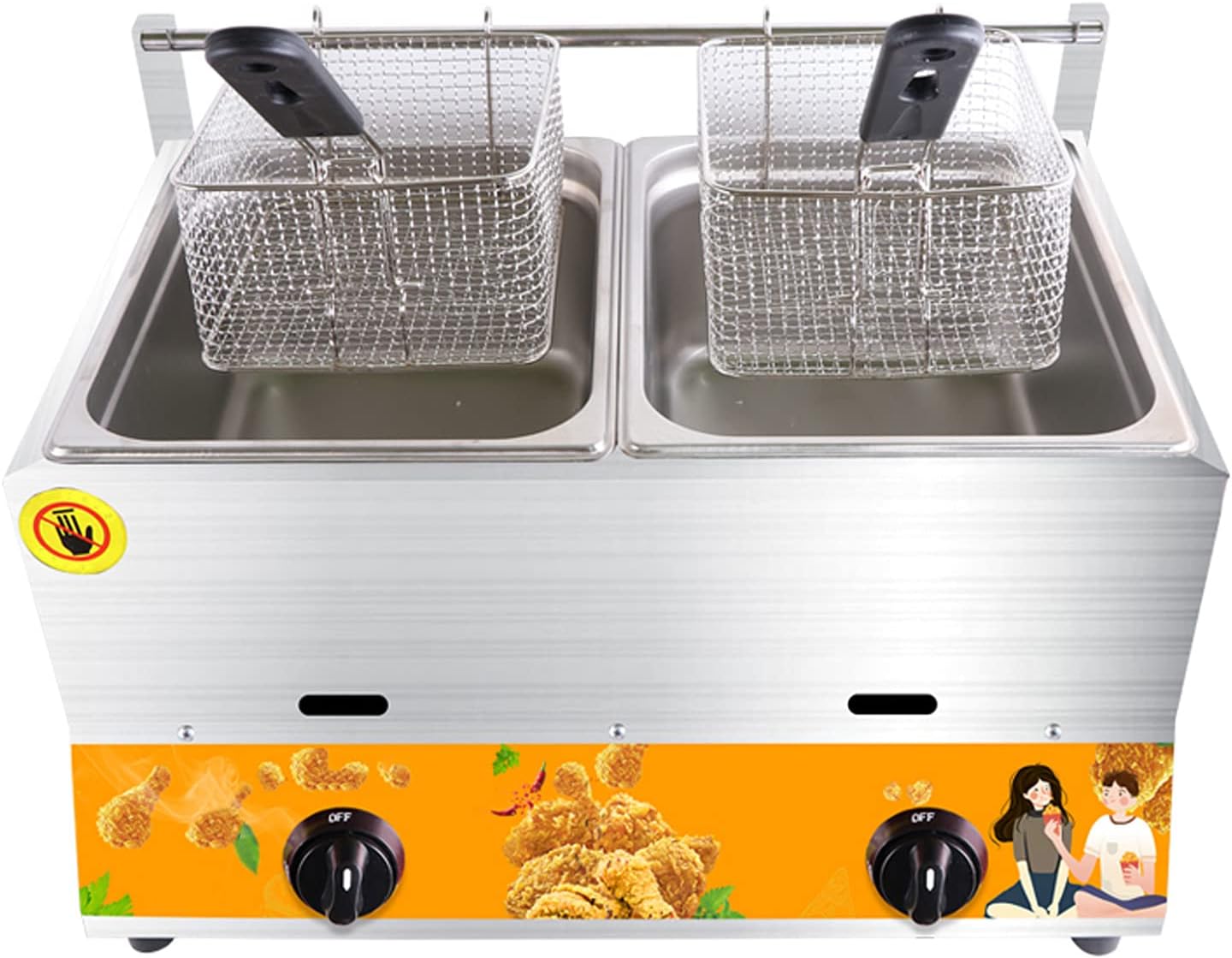 Gas Fryer Commercial Fryer Stainless Steel Fryer with Frying Basket and Adjustable Firepower Large Capacity Suitable for Fried Chicken and French Fries，Double Cylinder