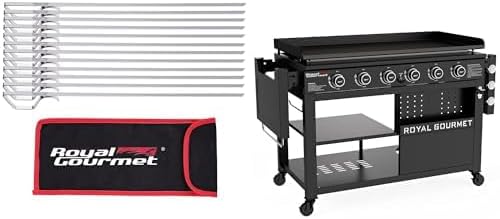 Royal Gourmet Outdoor Cooking Bundle: GB6000 44-Inch 6-Burner Propane Gas Griddle with Folding Side Tables & TS1601 13-Inch Stainless Steel BBQ Kebab Skewers (12-Piece Set)