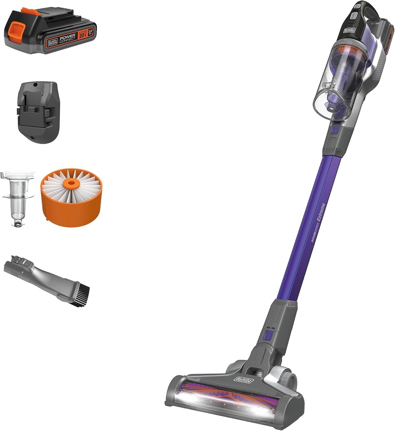 BLACK+DECKER Pet Hair Vacuum, Cordless Vacuum Cleaner Pet Hair, Up to 55 Minutes of Runtime, Interchangeable Floorhead, Maximum Suction, Multi-Surface, Light Weight, Powerseries Extreme (BSV2020P)