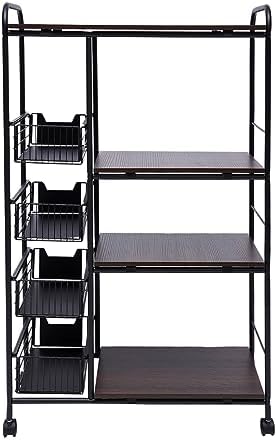 4-Tier Kitchen Standing Bakers Rack, Microwave Oven Stand Rack, Utility Workstation Stand, Kitchen Cart with Storage Basket & Wheels, Kitchen Organizer Shelf for Spices/Utensils Foods, Vintage Brown