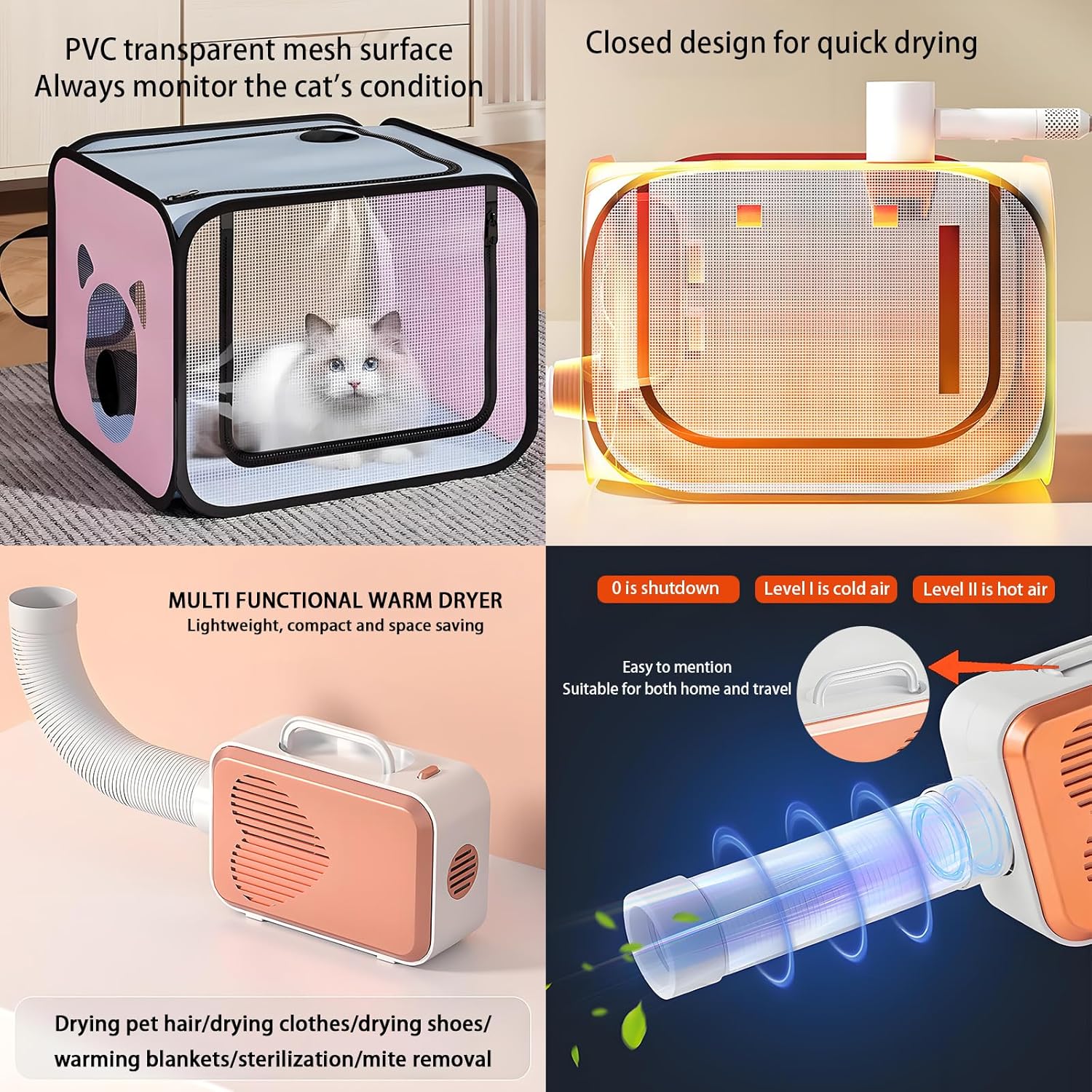 Pet Dryer with Pet Dryer Box 108L and Pad, Hands-Free, Ventilation and Circulation, Anti Hair Flying, Foldable Low Noise ldeal for Drying Cat and Dog Hair