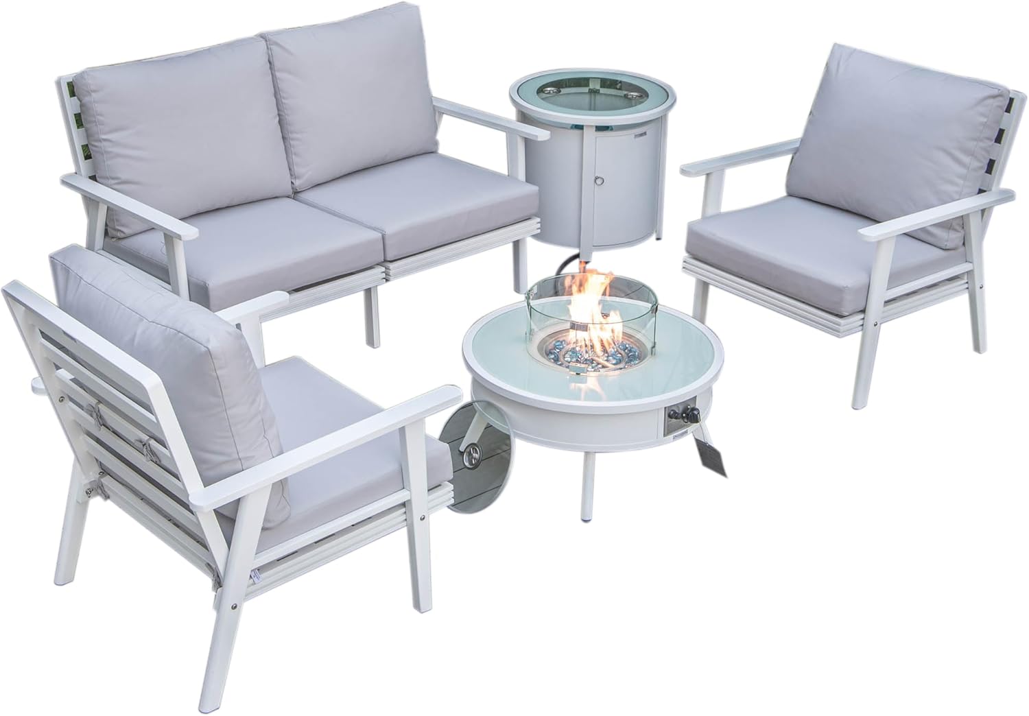 LeisureMod Walbrooke Modern Aluminum 5-Piece Patio Conversation Set with Outdoor Round Firepit Table & Side Table Tank Holder (Light Grey)