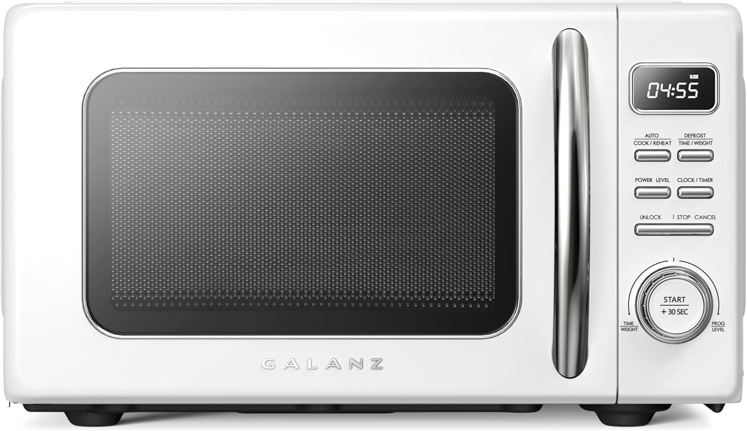 Galanz GLCMKZ09WER09 Retro Countertop Microwave Oven with Auto Cook & Reheat, Defrost, Quick Start Functions, Easy Clean with Glass Turntable, Pull Handle, 0.9 cu ft, White