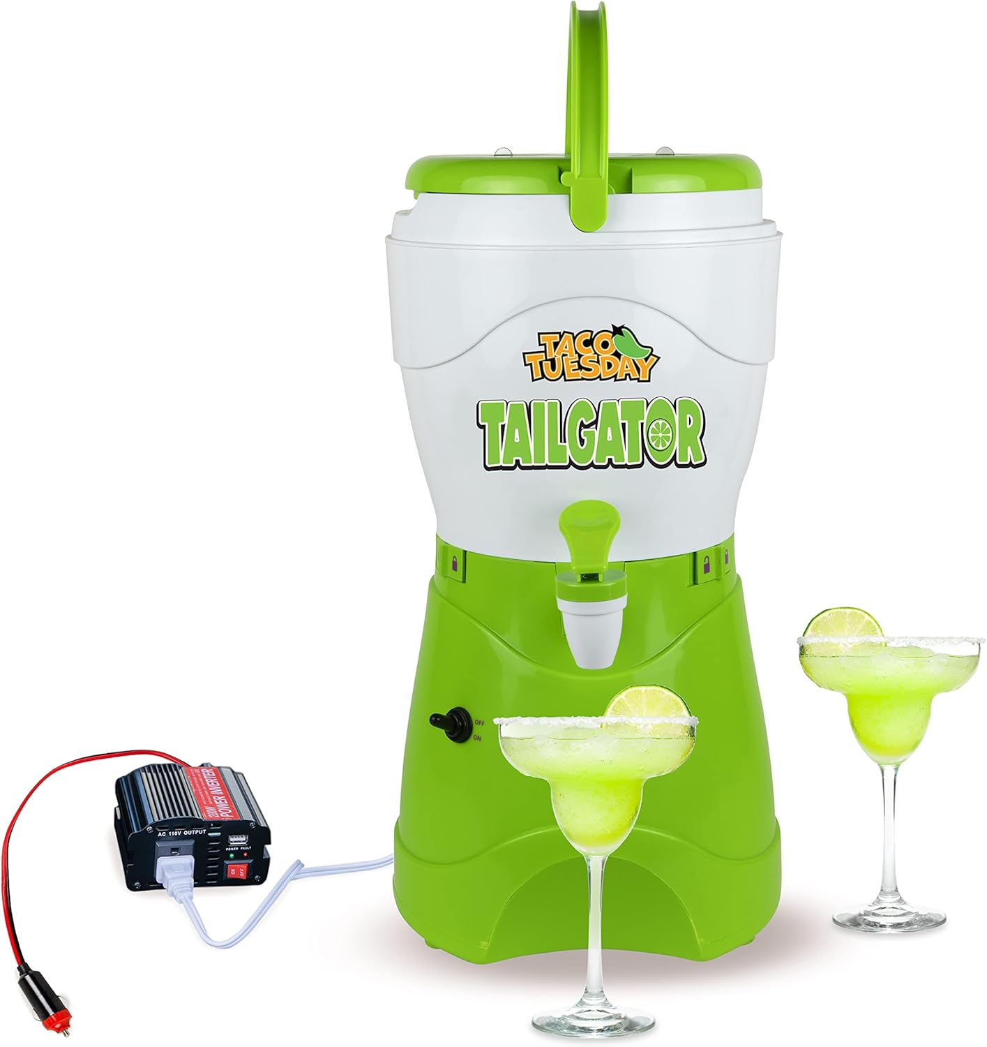 Nostalgia Taco Tuesday Tailgator Margarita Machine - Blender for Smoothies, Margaritas, Daiquiris, and Slushies - White/Lime Green - 128-Ounce - 10