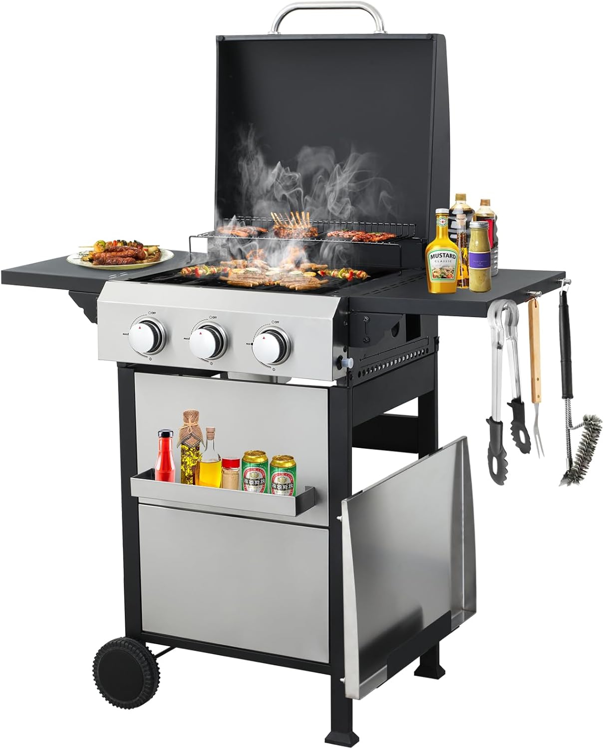 3 Burner Outdoor Griddle Grill Combo, 36900 BTU 2 in 1 Propane Gas BBQ Grill w/Enameled Cast Iron Grids and Stainless Steel Plancha, Portable Gas Grills Propane for Patio, Backyard